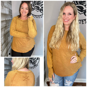 Deep Camel Washed Scoop Neck Top with Thumb Holes-s/m/l/xl