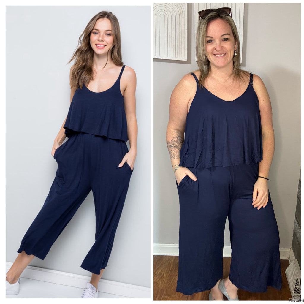 Navy Ruffled Cami Top Cropped Jumpsuit-plus