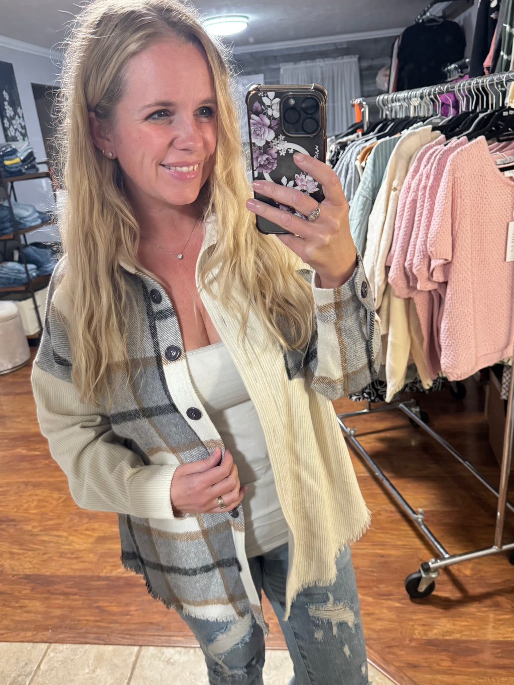 Grey plaid contrast corduroy shacket. S