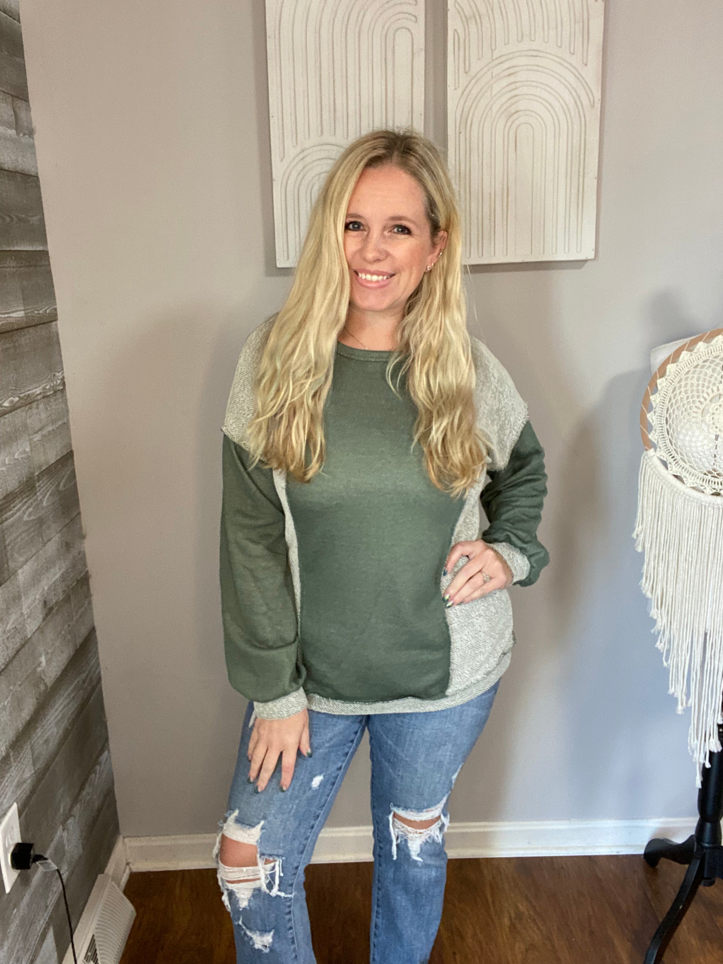 Olive Puff Sleeve Reverse Contrast Top