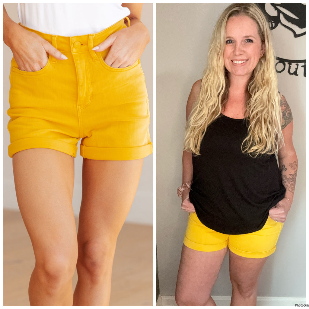 Jenna High Rise Control Top Cuffed Judy Blue Shorts in Yellow. L