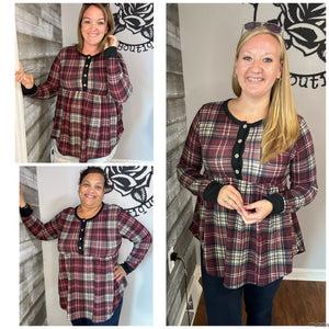 Burgundy Plaid Babydoll Top. S