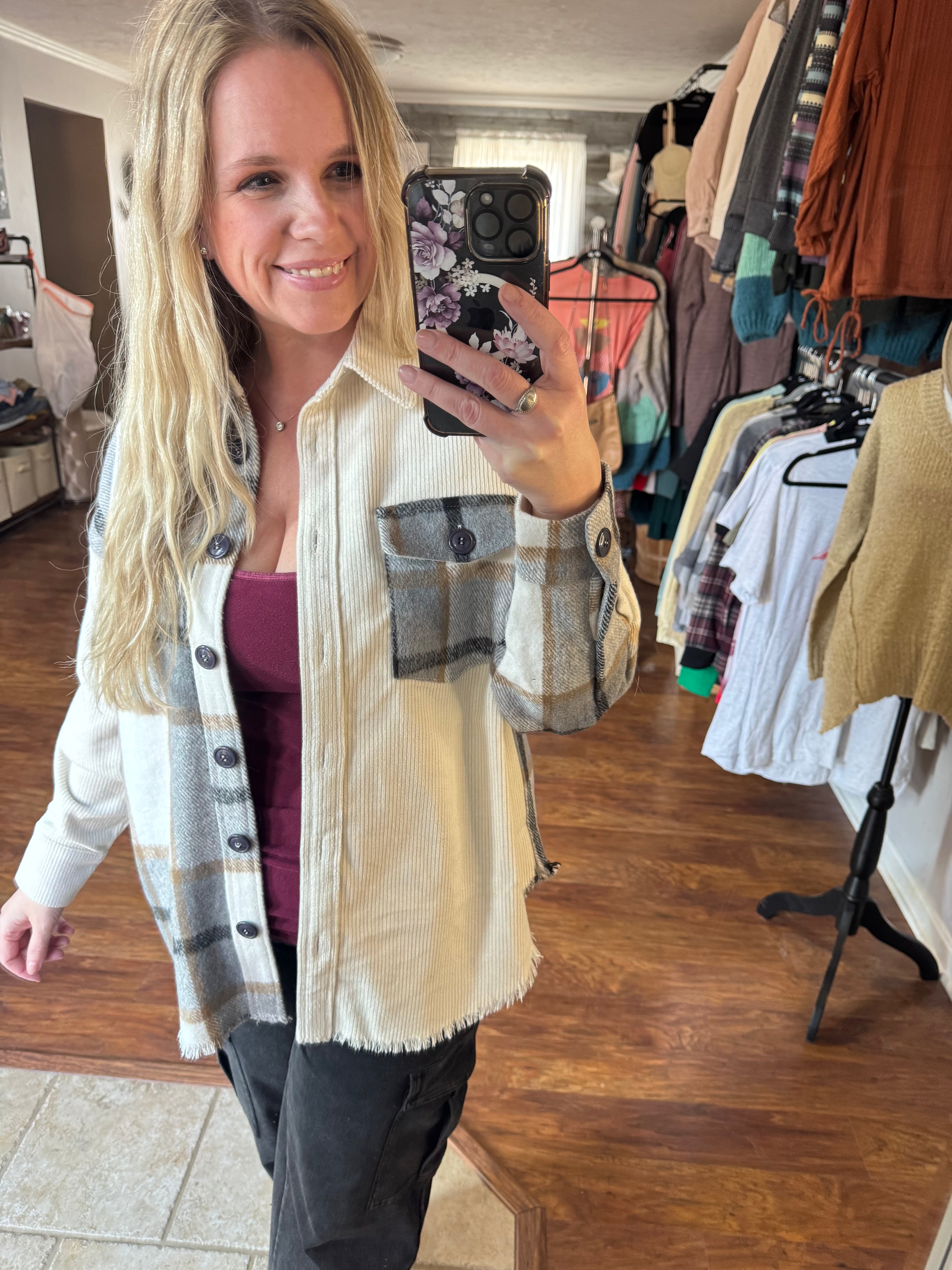 Grey plaid contrast corduroy shacket. S