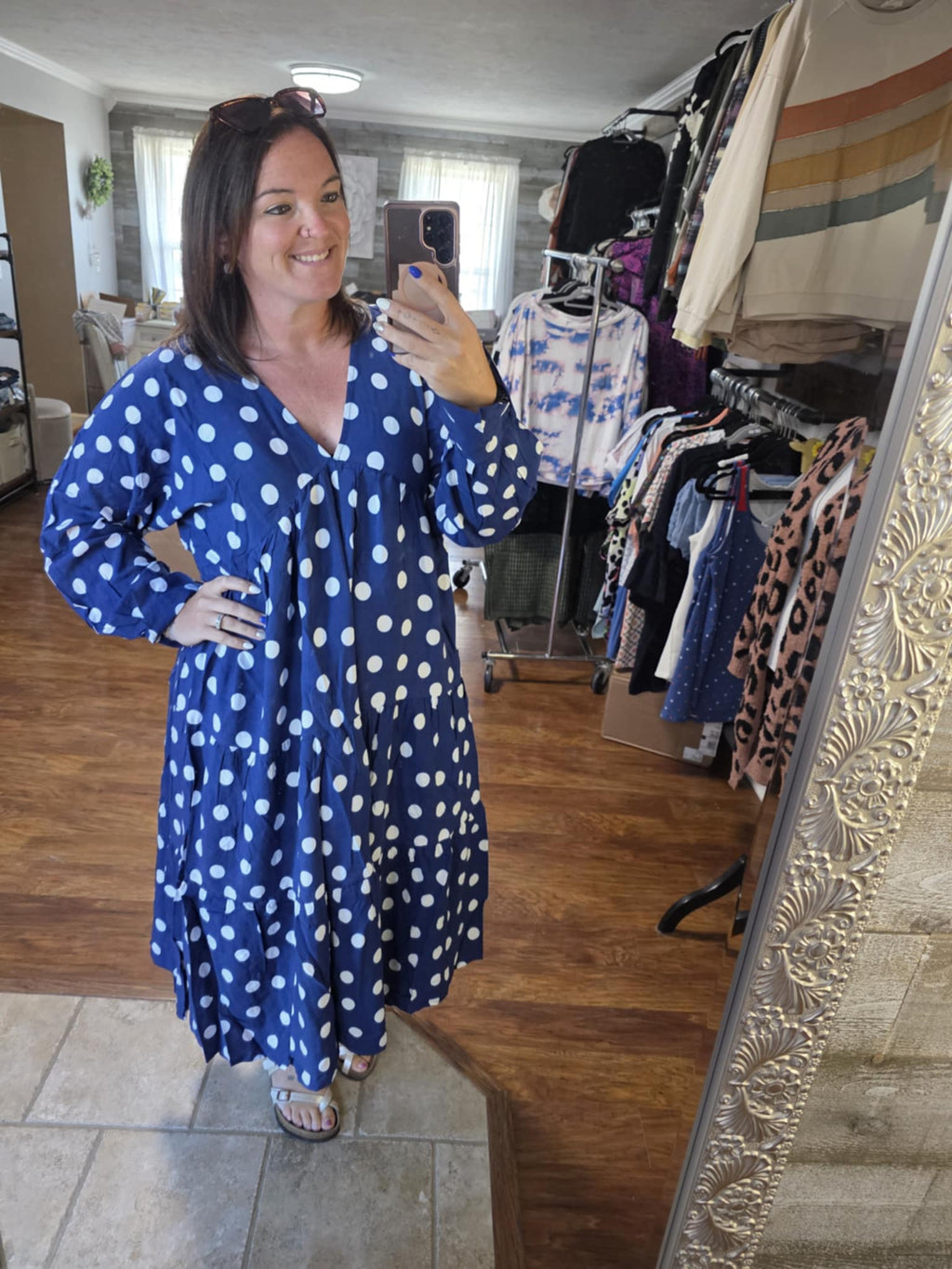 Navy polka dot dress. L/xl