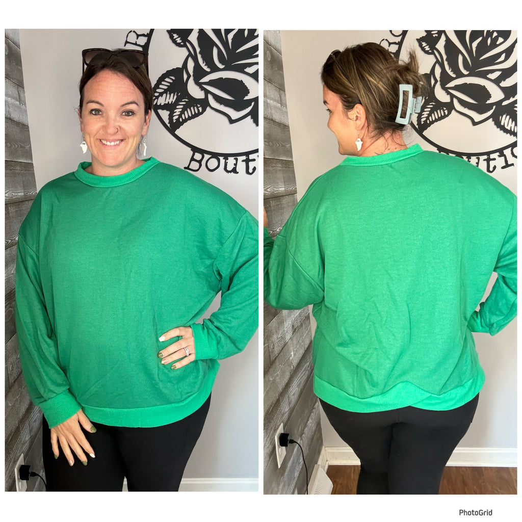 Kelly green french terry top. 1x/2x/3x