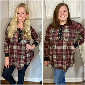 Burgundy Plaid Babydoll Top. S