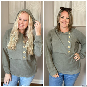 Olive Button Front Hoodie Top-reg&plus