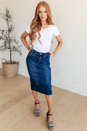 Marcy High Rise Denim Midi Skirt