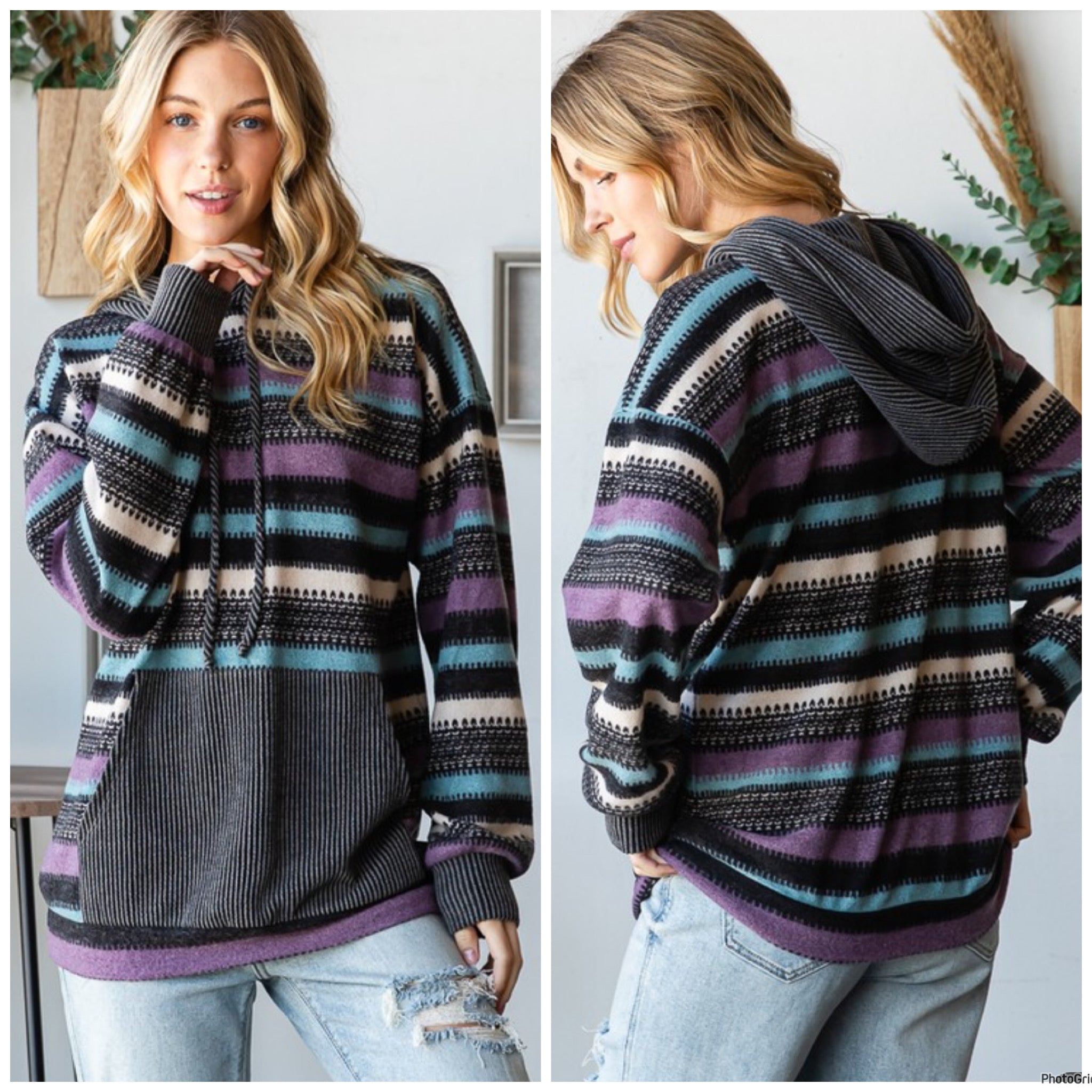 Multi stripe urban ribbed hoodie top with kangaroo pocket. S