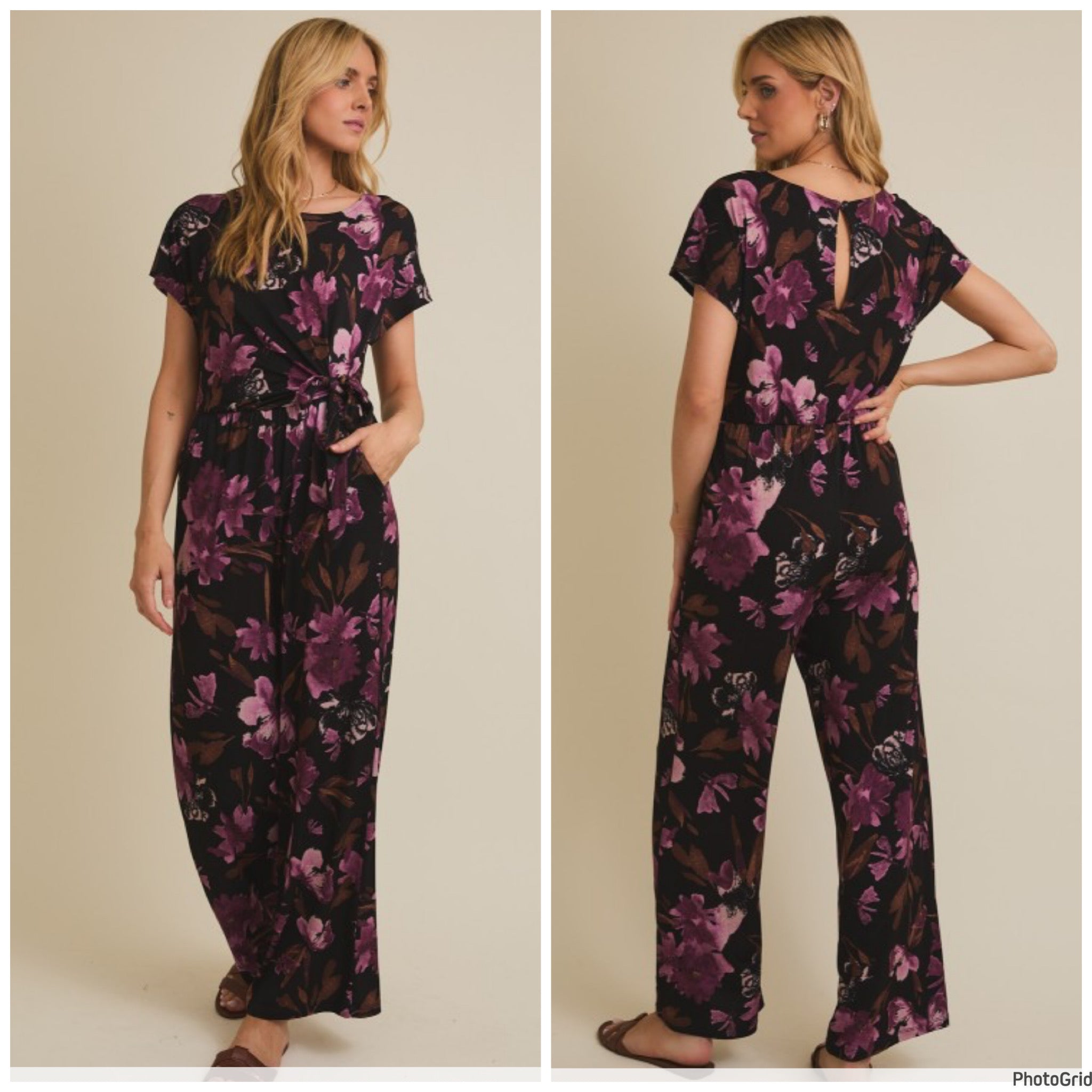 Black plum floral side tie jumpsuit. S&M