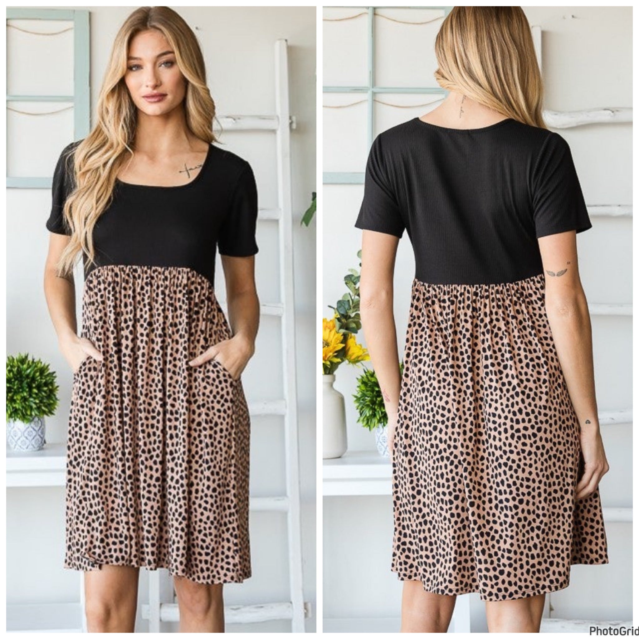 Black and Leopard Print Dress with Pockets-plus
