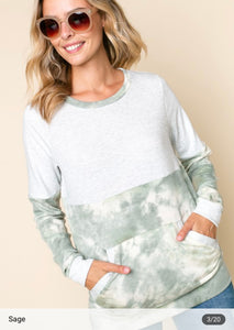 Sage tie dye color block top with kangaroo pocket.