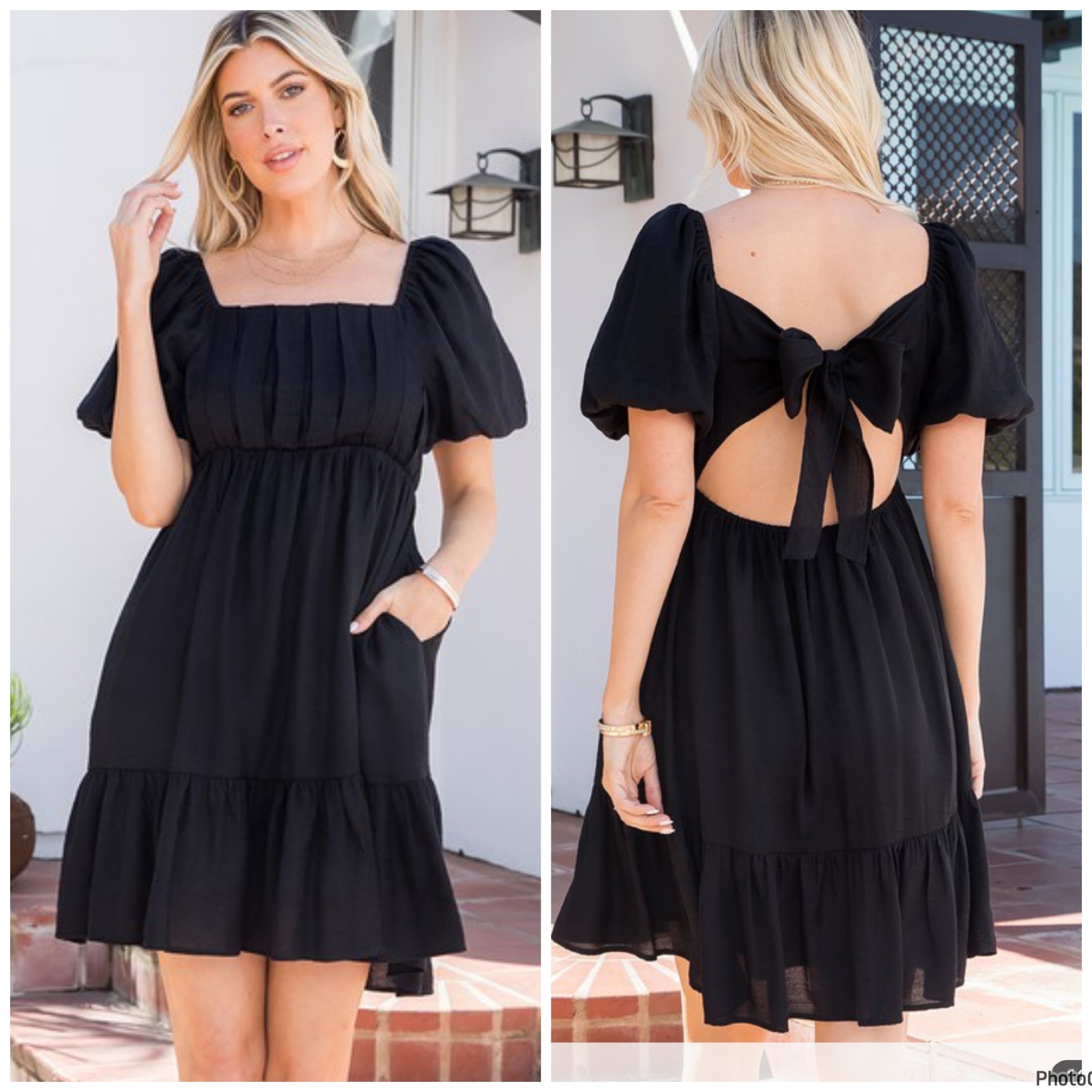 Black mini babydoll dress with tie back details and pockets