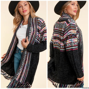 Charcoal Tribal Cardigan with Fringe