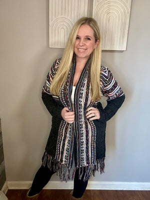 Charcoal Tribal Cardigan with Fringe