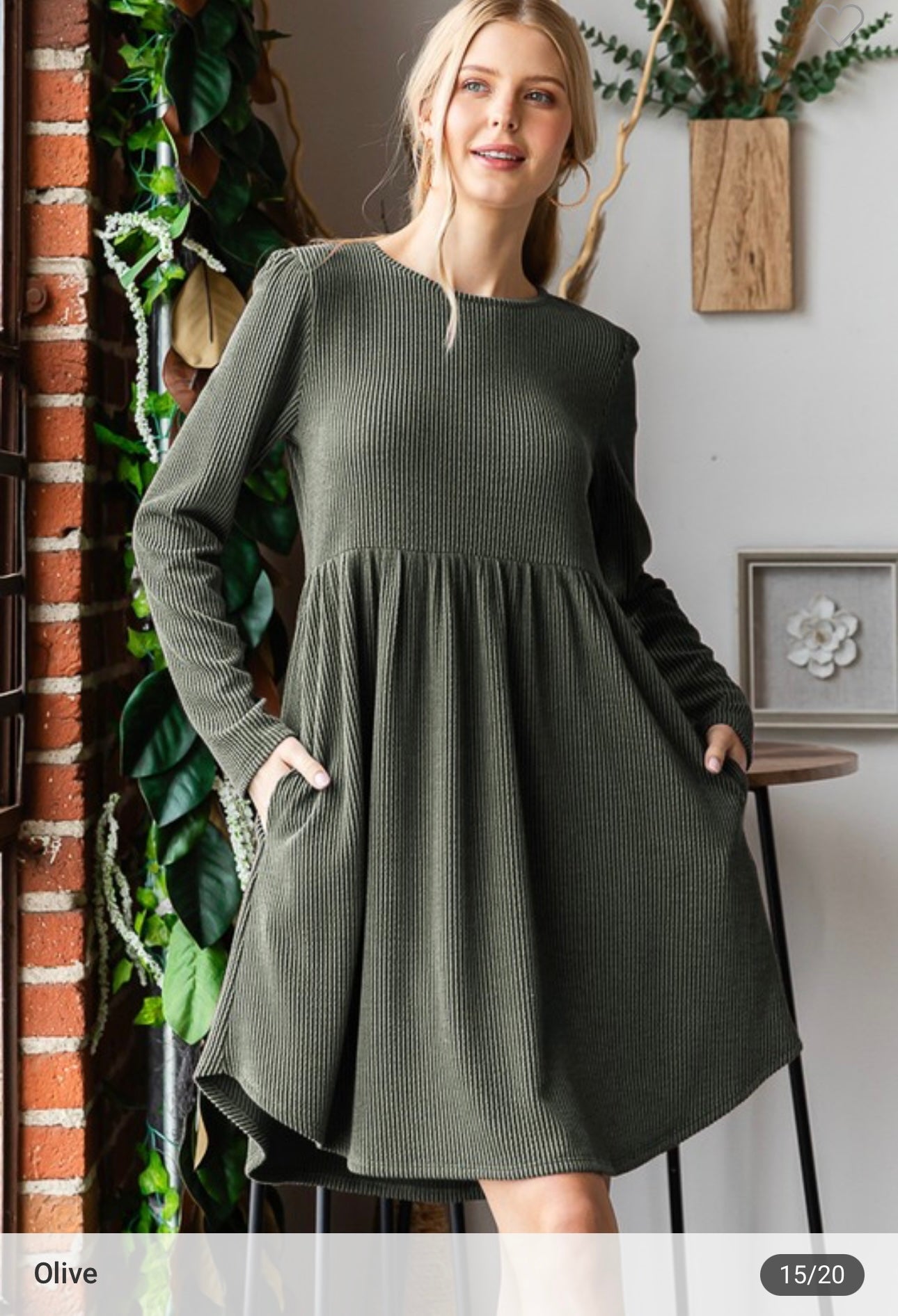 Urban Ribbed Babydoll Dress in Olive. M & L