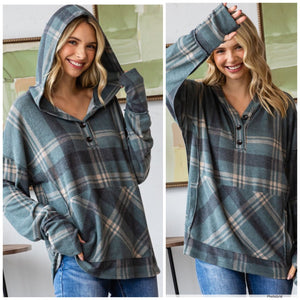 Jade plaid button front hoodie top with pocket and thumb holes. S&xl