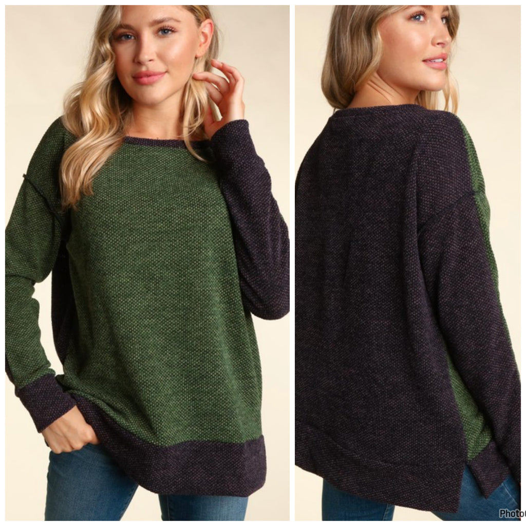 Olive Charcoal Color Block Knit Sweater Top-reg&plus