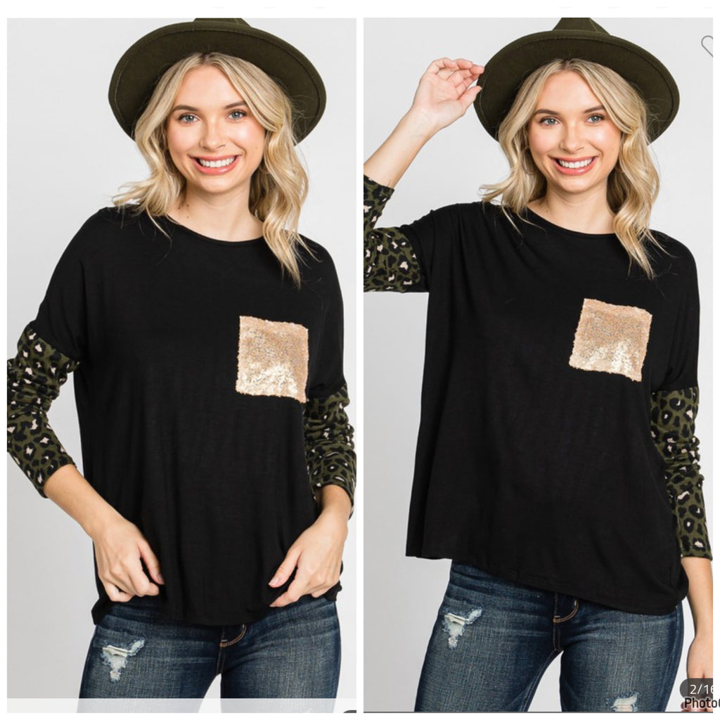 Black and Olive Leopard Print Sleeve Top