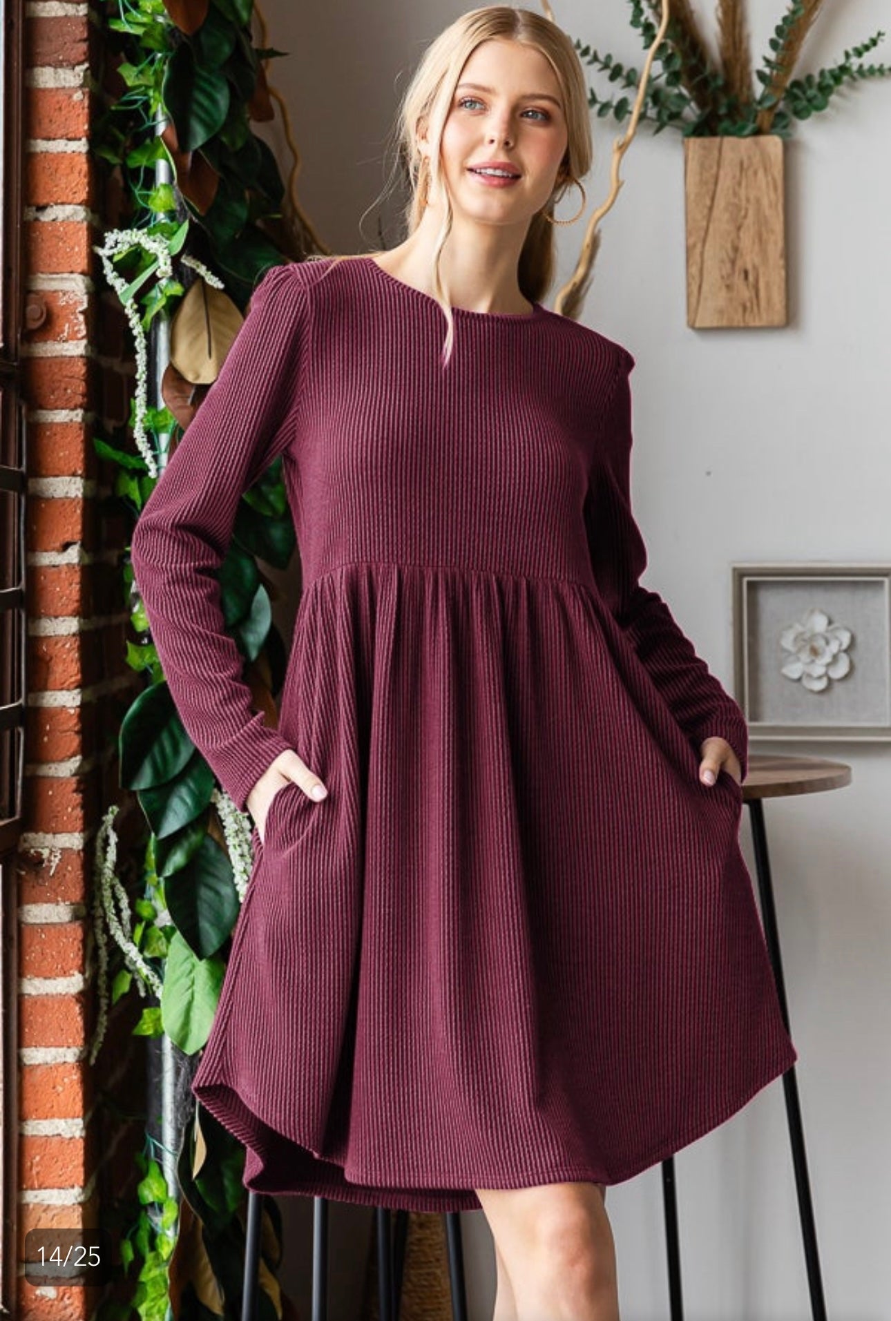 Burgundy urban ribbed babydoll dress with pockets. S&M