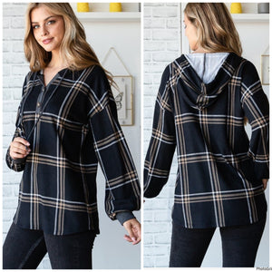 Black Plaid Hoodie Top S&L