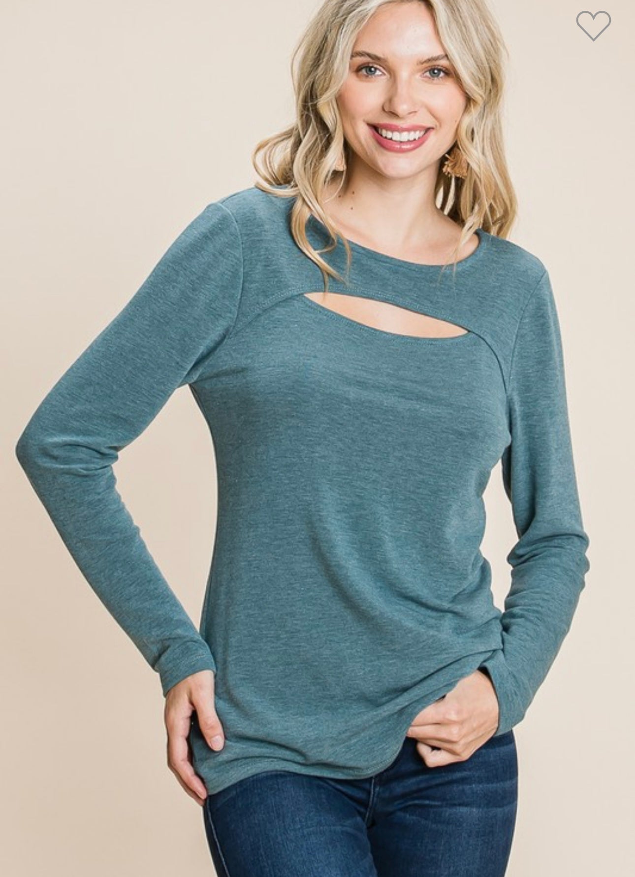 Teal French terry with cut out detail long sleeve top. S,m,1x,2x,3x