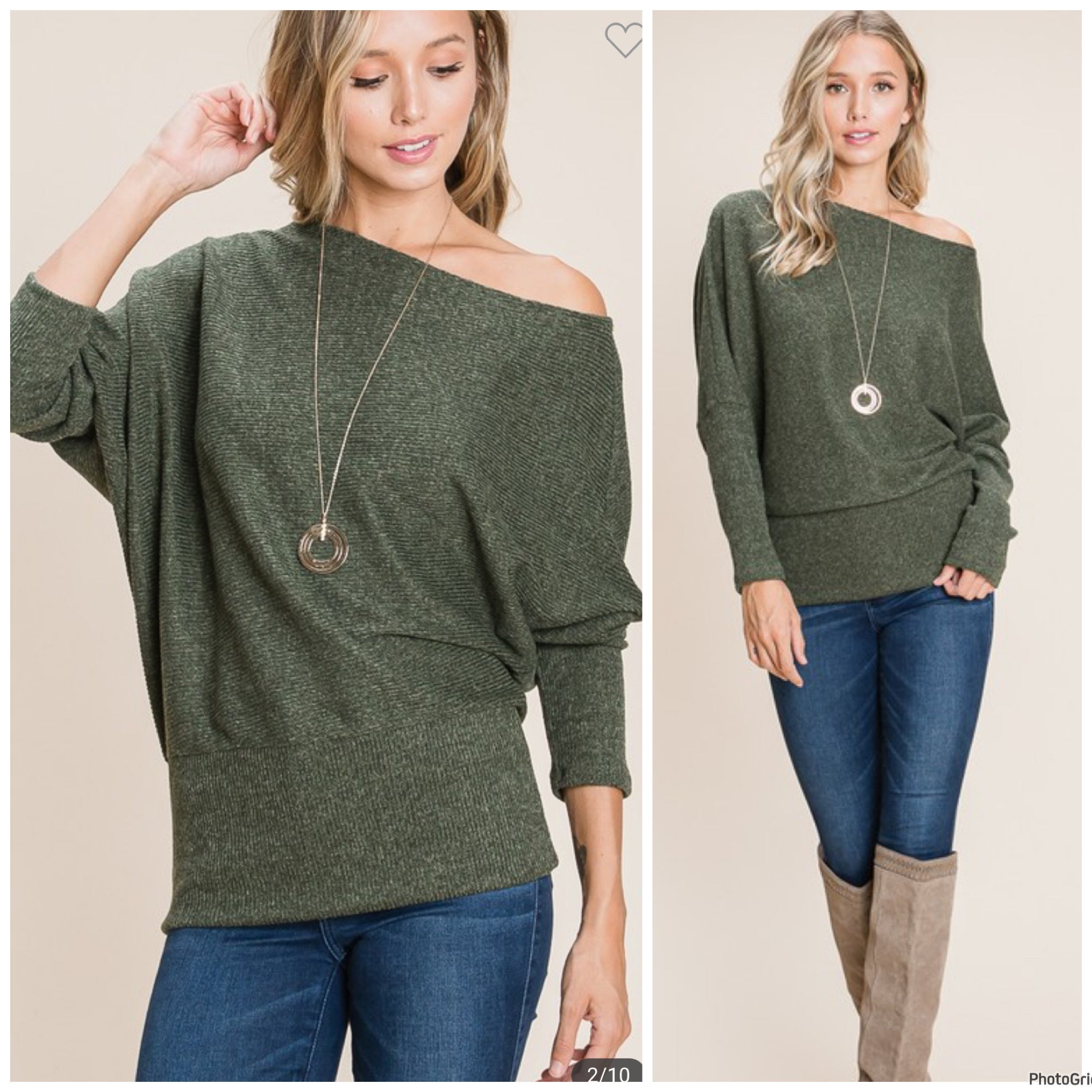 Olive ribbed brush off shoulder top. 1x&2x