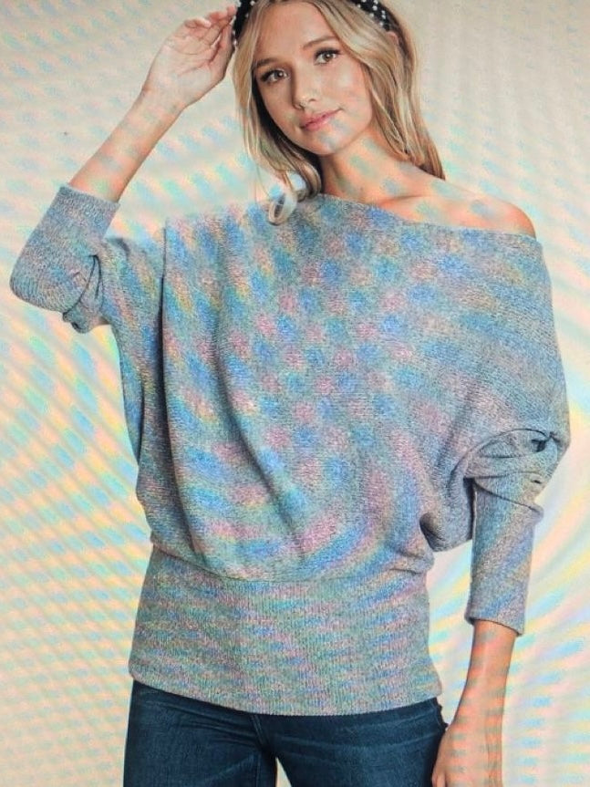 Grey ribbed brush off shoulder top. S