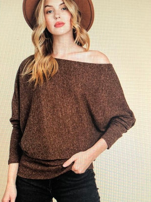 Brown ribbed brush off shoulder top. S&L