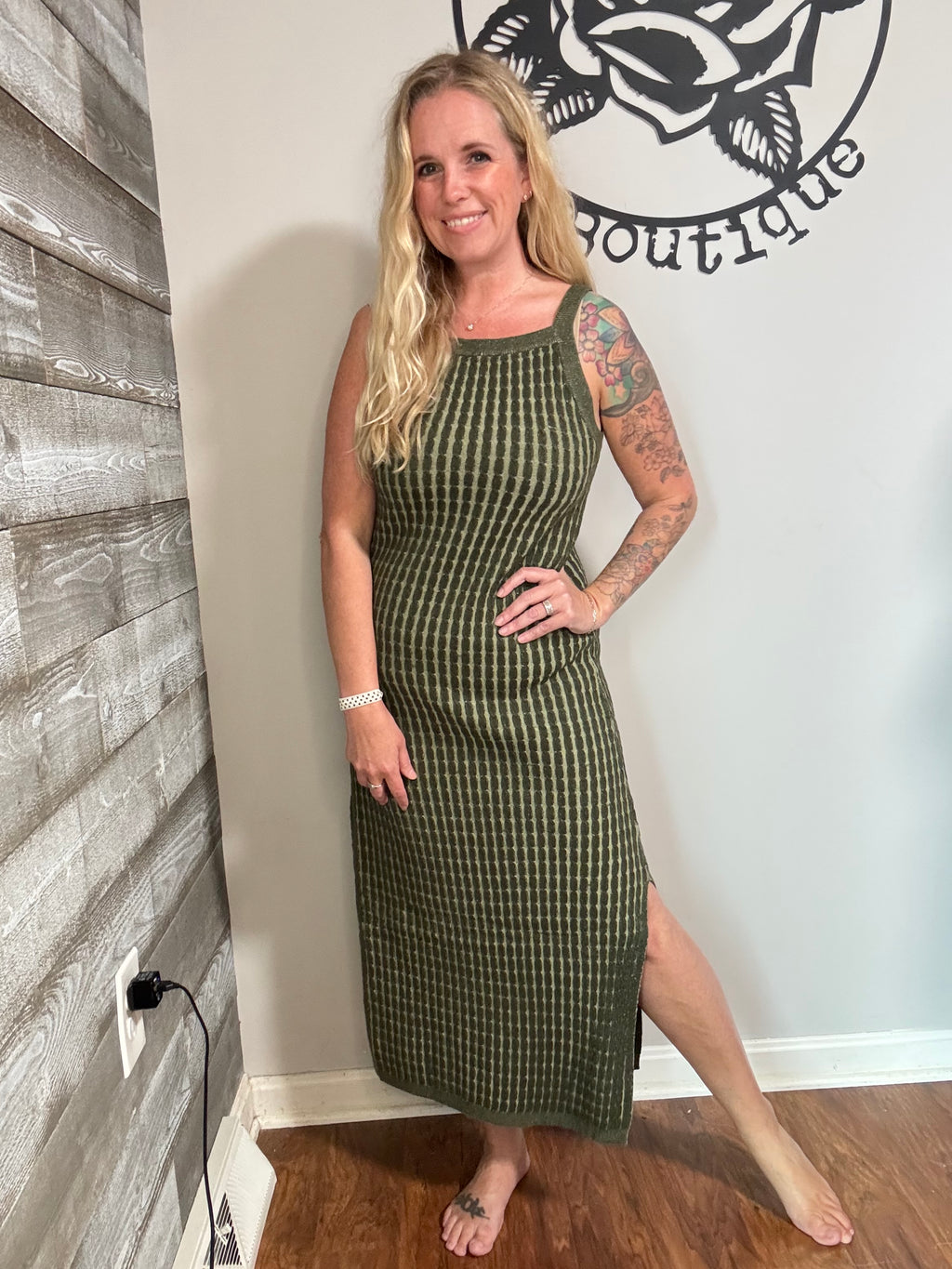 Olive Green Sweater Knit Maxi Dress. S&L