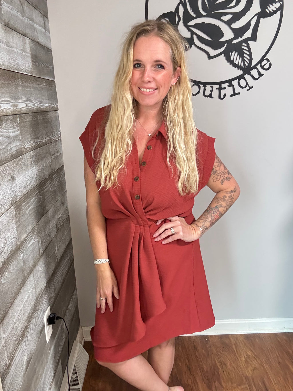 Rust Faux Wrap Dress. L