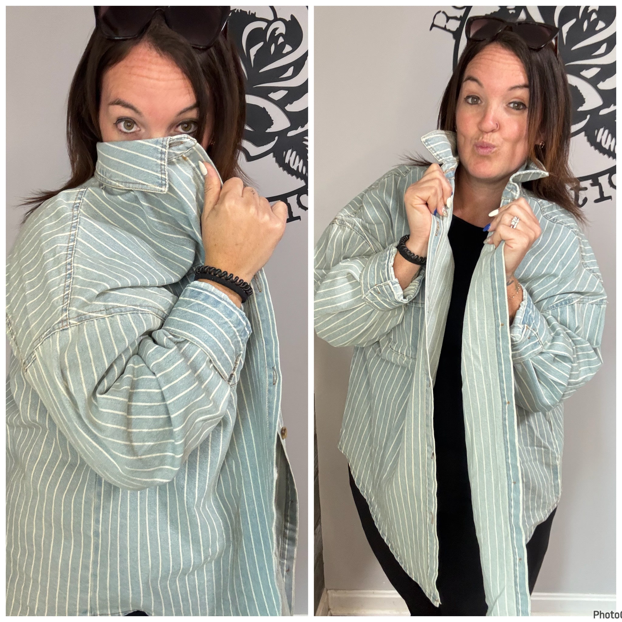 Denim Stripe Button Up Shirt. 1x/2x/3x