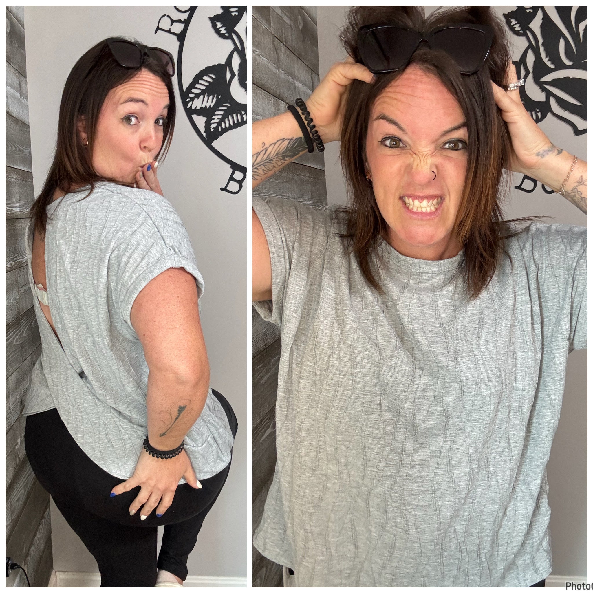 Grey textured open back top. 1x&2x