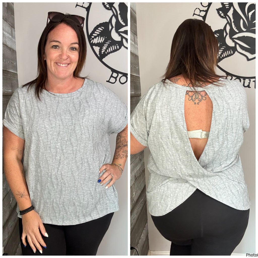 Grey textured open back top. 1x&2x