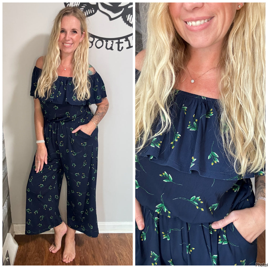 Navy Floral Cropped Romper. L