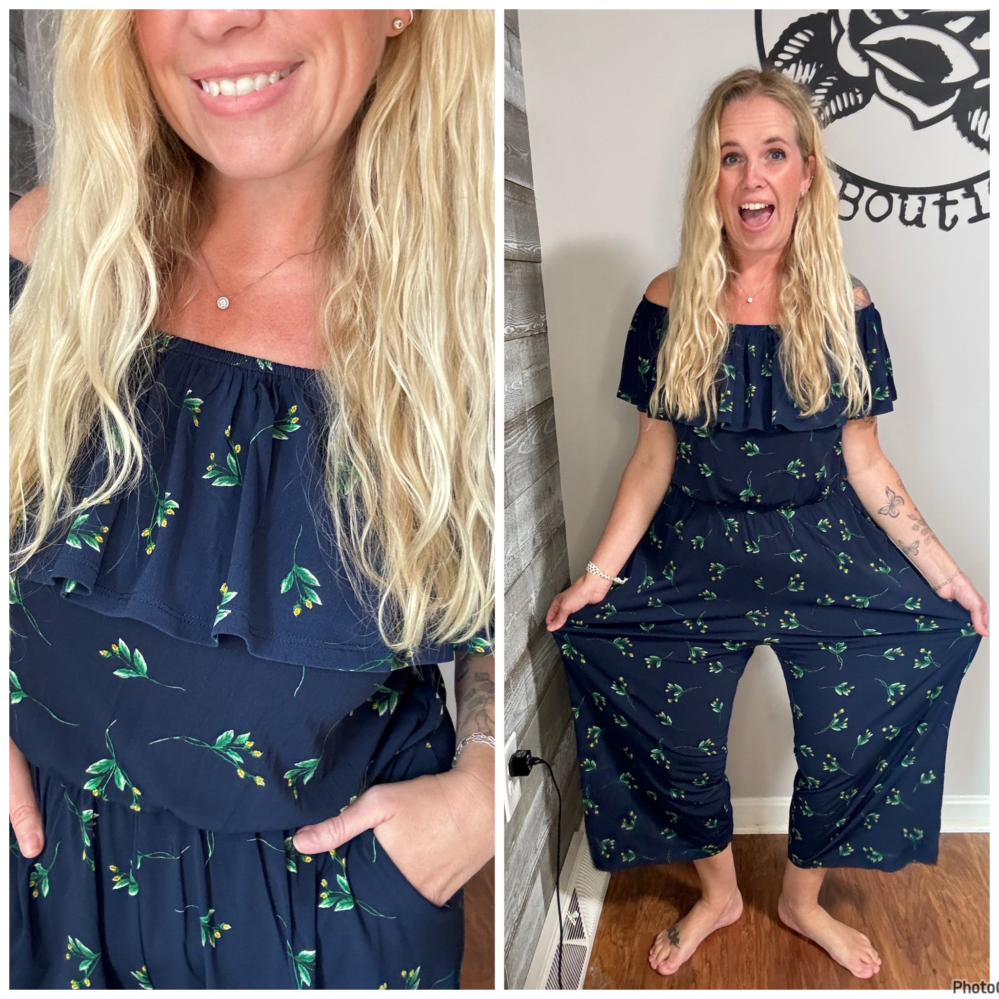 Navy Floral Cropped Romper. L