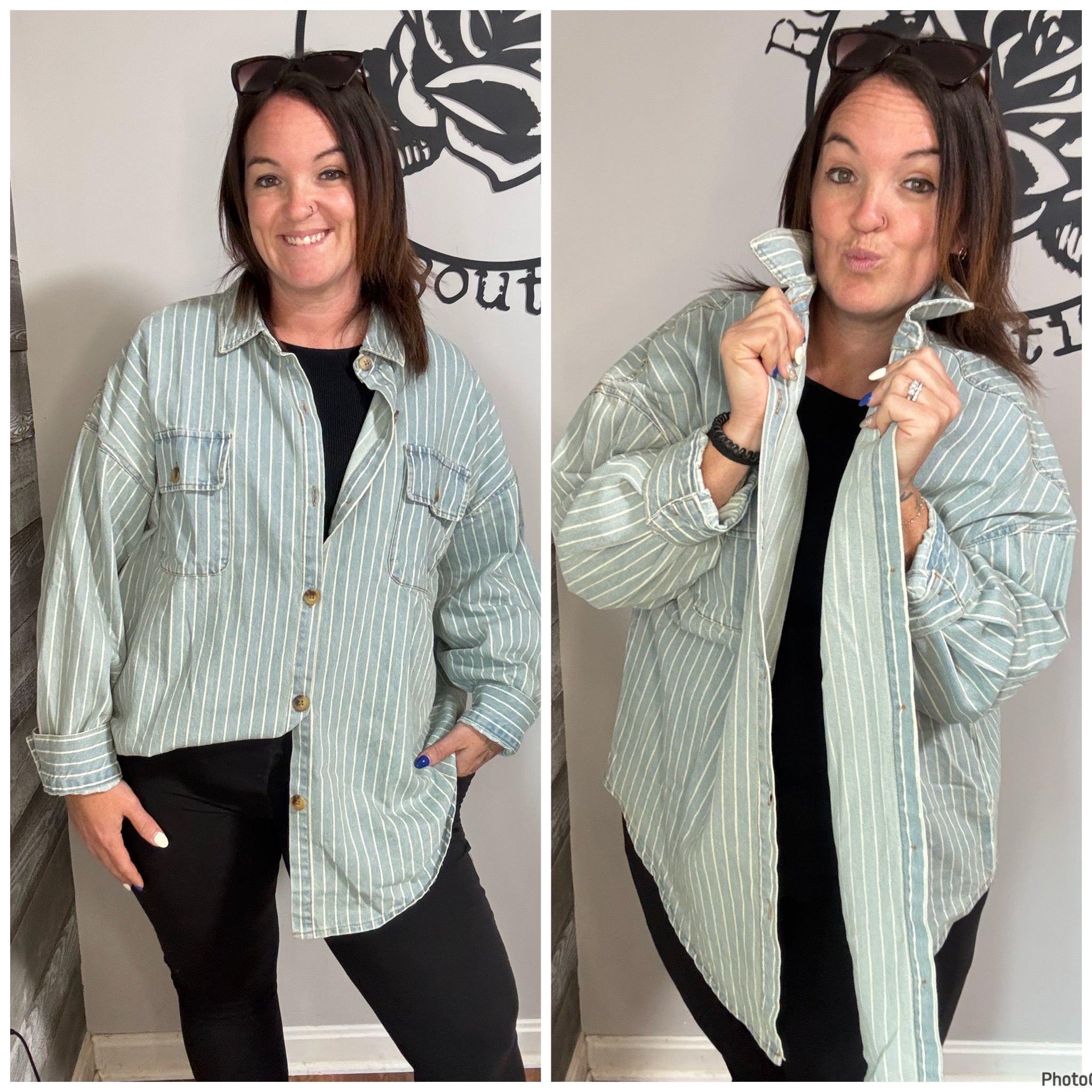 Denim Stripe Button Up Shirt. 1x/2x/3x