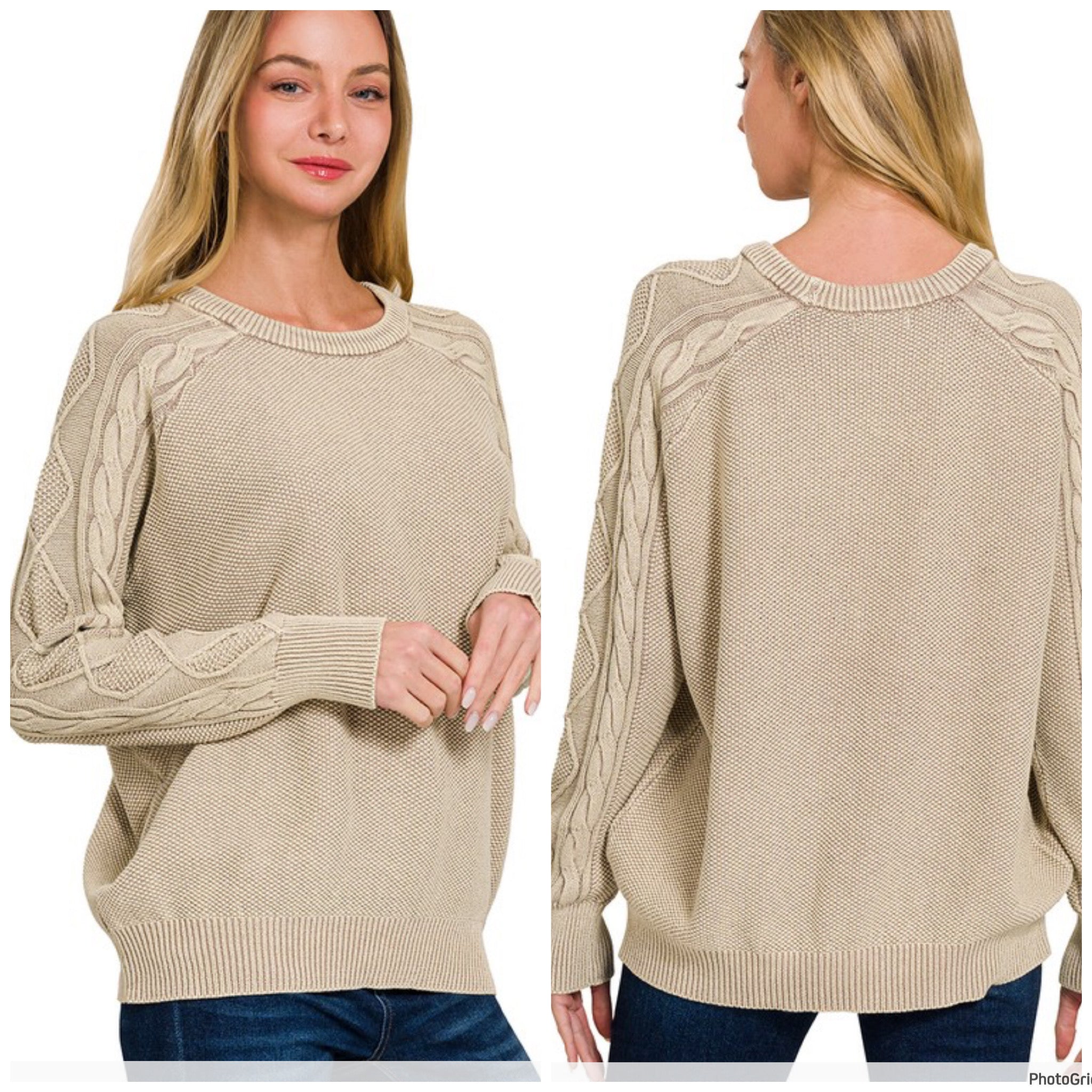 Ash Mocha Cable Knit Sleeve Sweater-s/m/l