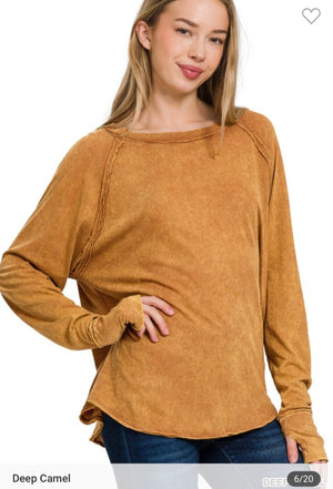 Deep Camel Washed Scoop Neck Top with Thumb Holes-s/m/l/xl