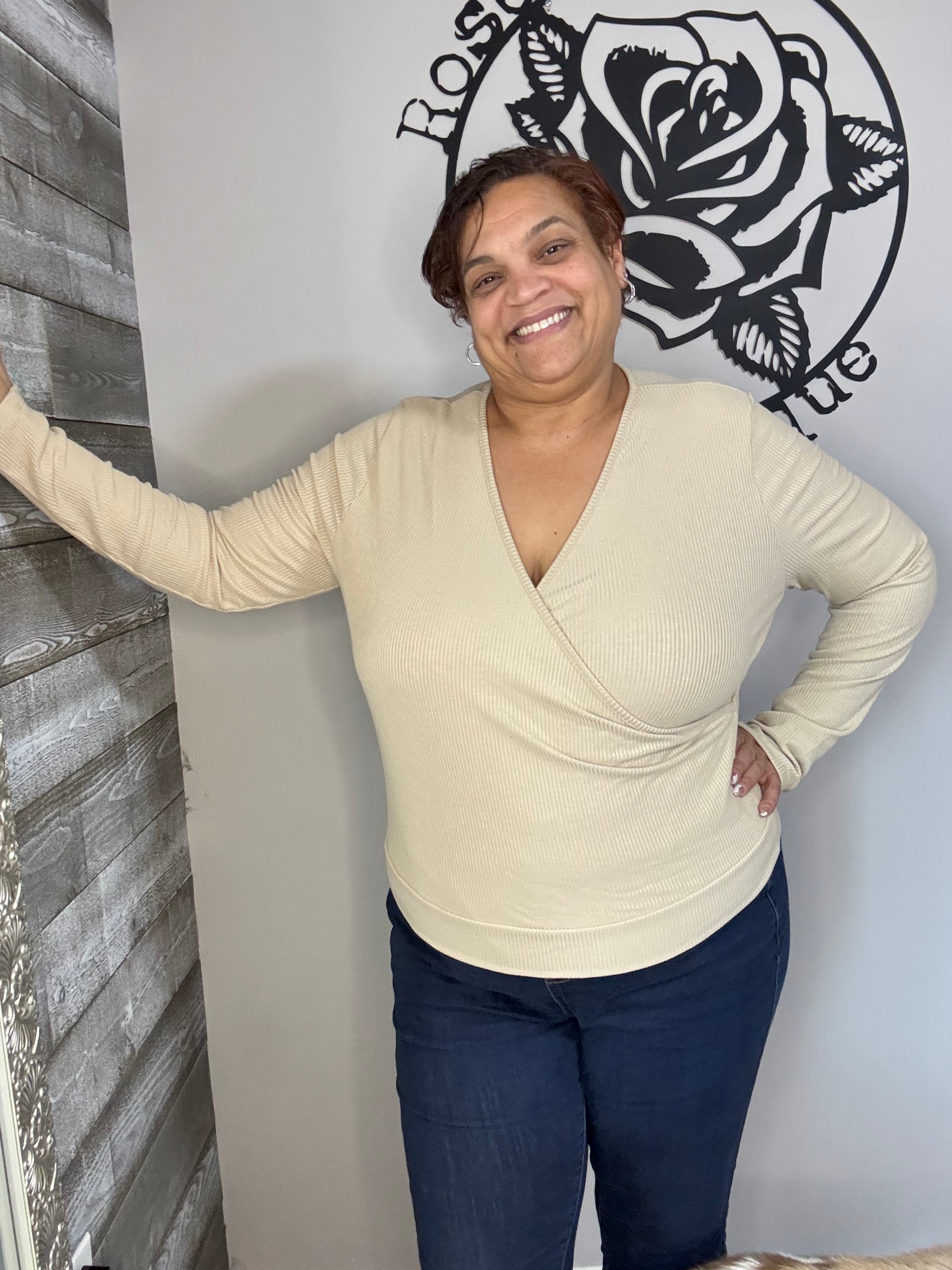 Oatmeal ribbed surplice top. 2x&3x