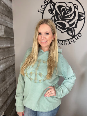 Seafoam washed terry knit peace pullover hoodie. S
