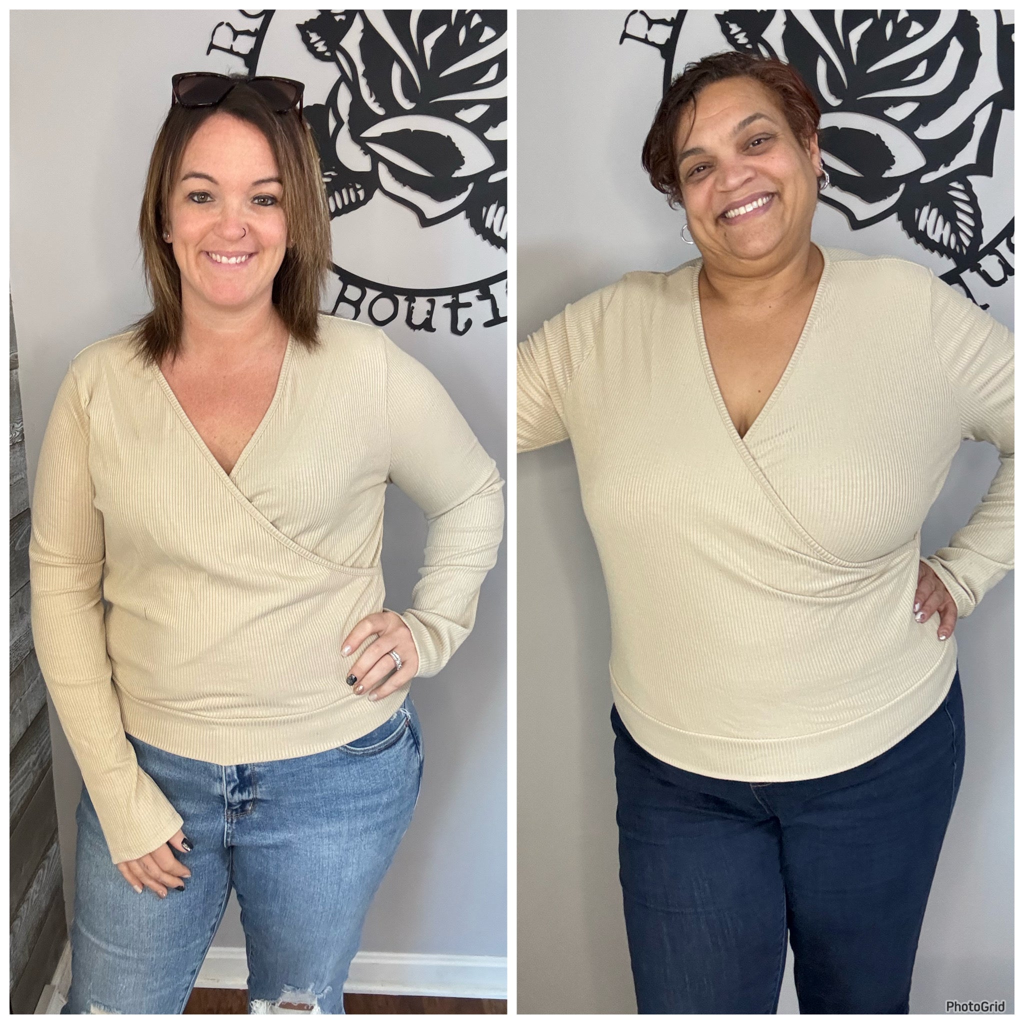 Oatmeal ribbed surplice top. 2x&3x