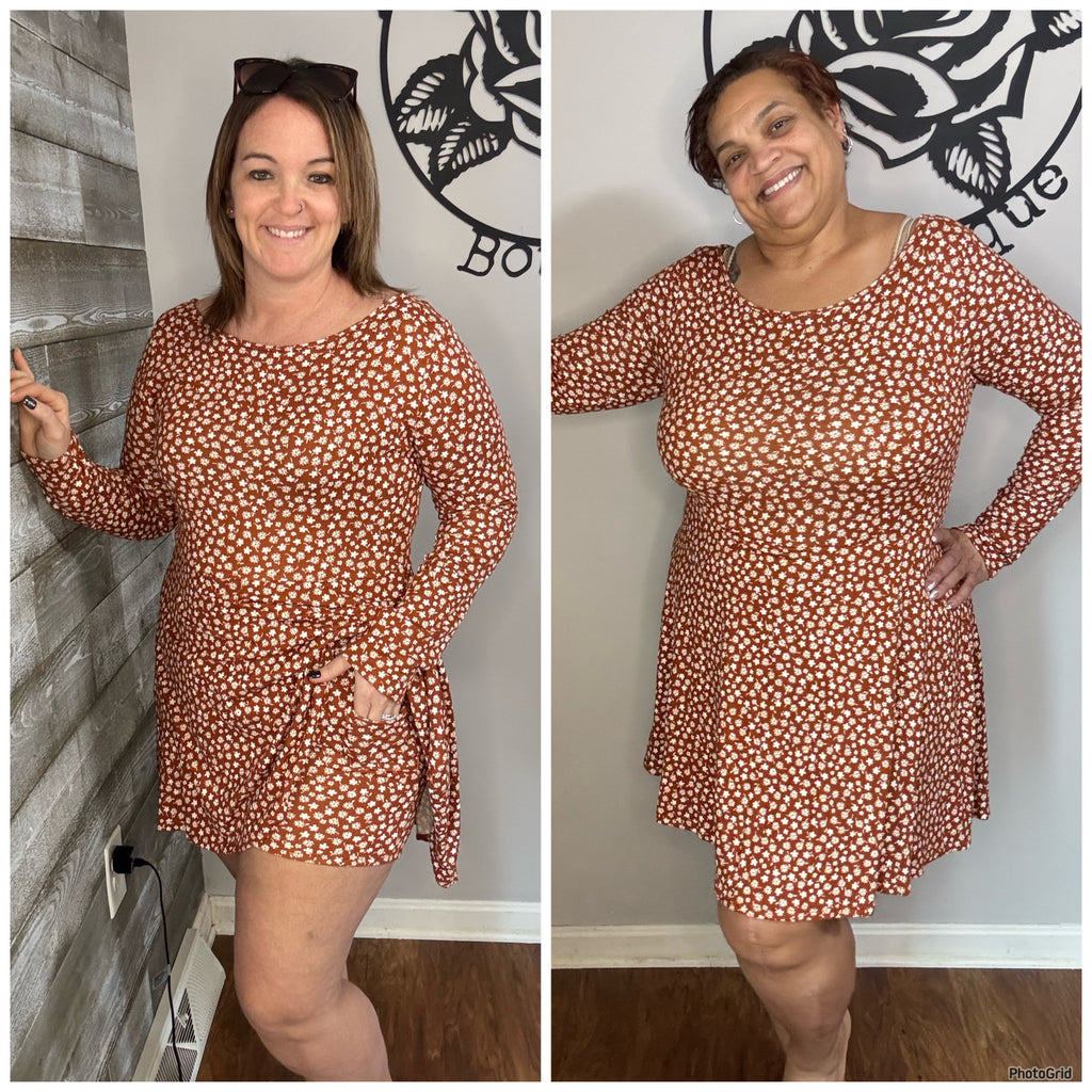 Rust floral dress with shorts. 1x&2x