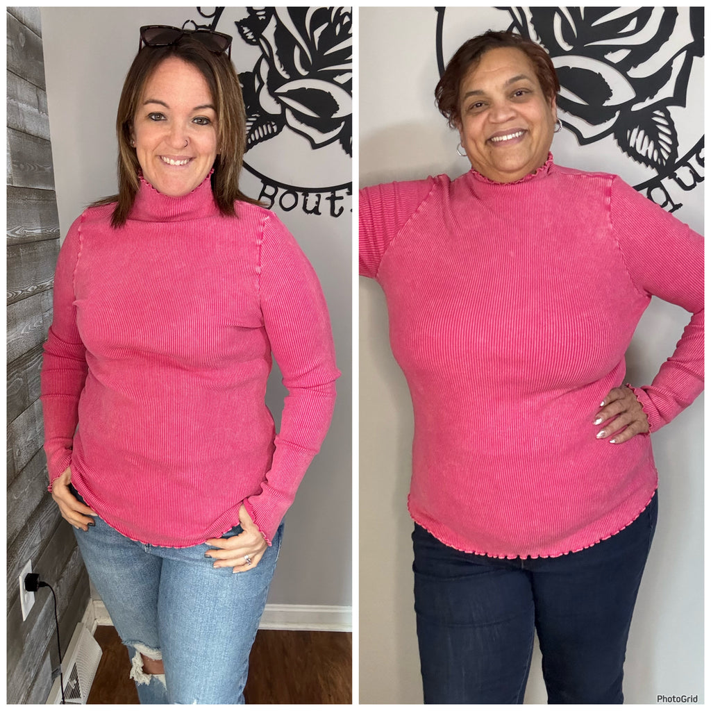 Pink mineral washed turtleneck top 2x & 3x