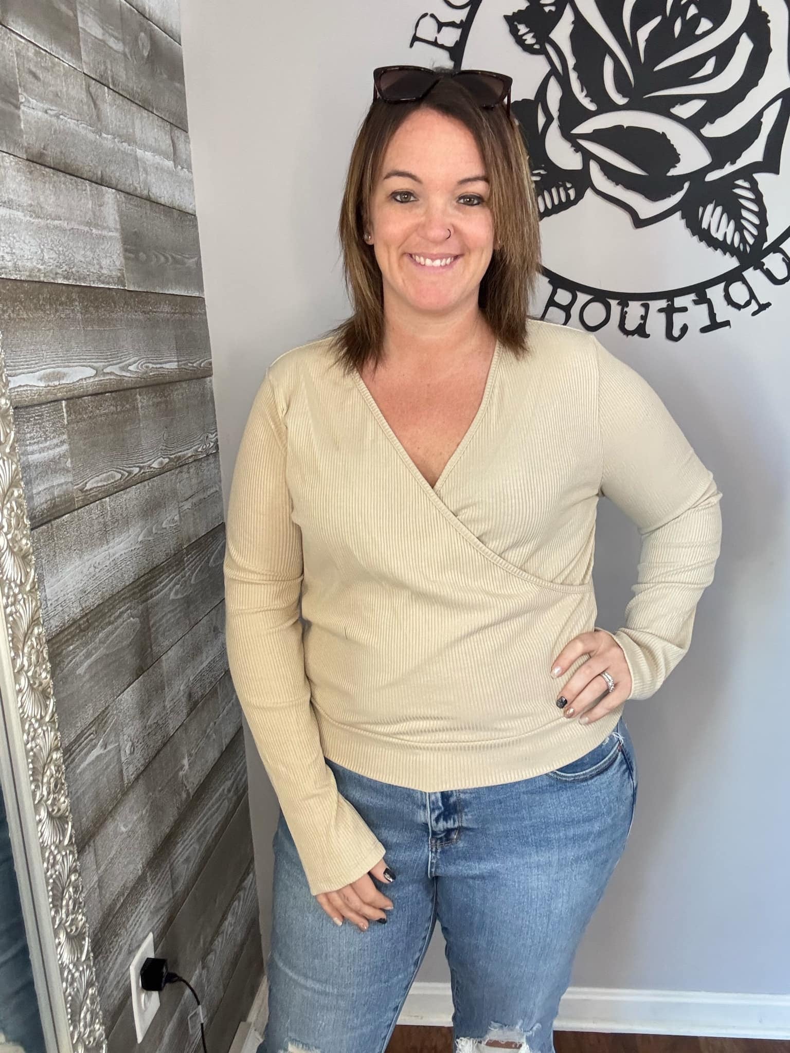 Oatmeal ribbed surplice top. 2x&3x