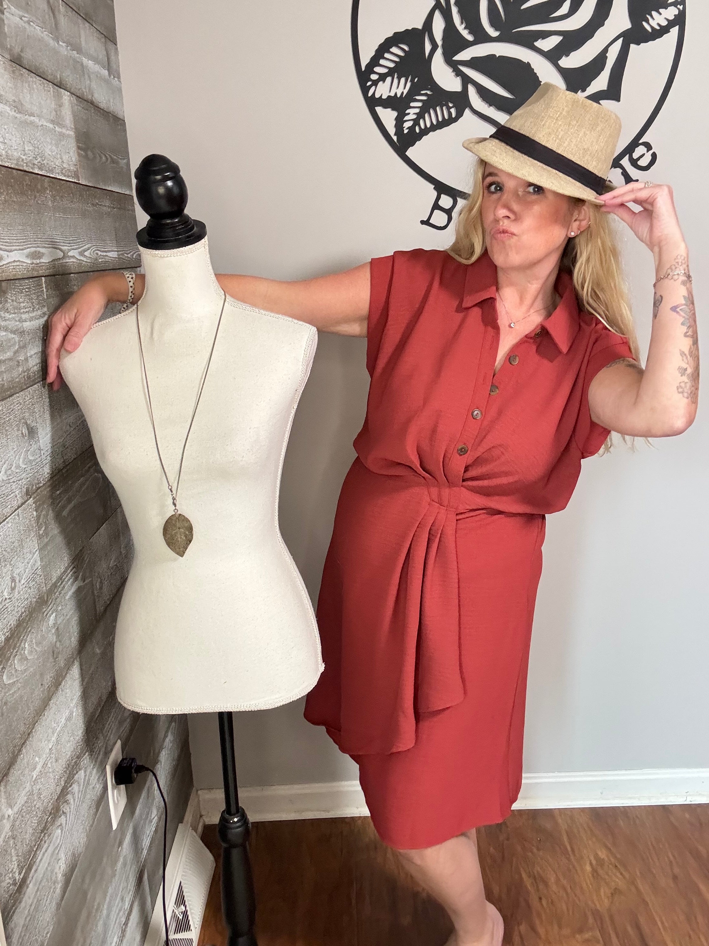 Rust Faux Wrap Dress. L