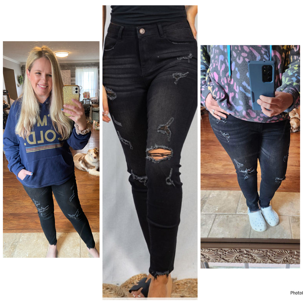 Black Distressed Jeans-reg&plus